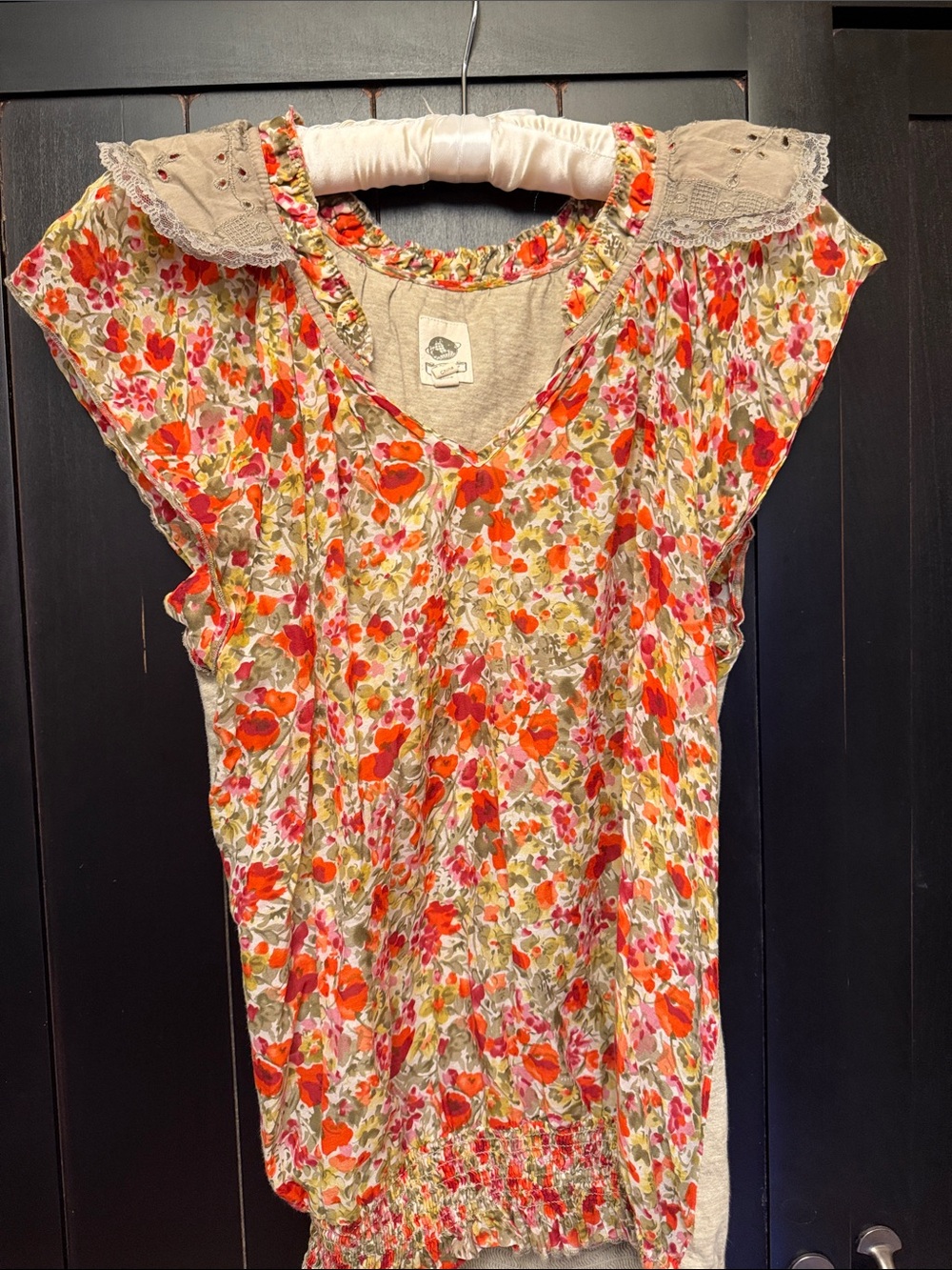 Boho Floral Lace-Trim Cap Sleeve Blouse - Cream with Red & Pink Floral